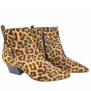 Franco Sarto Leopard Calf Hair Ankle Boots Womens 7 Tan Pointed Toe Block Heel